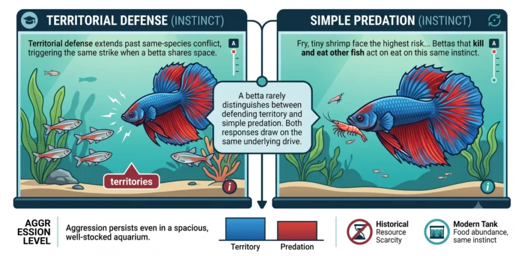 Betta fish aggression diagram showing territorial defense against small tank mates and predation behavior …
