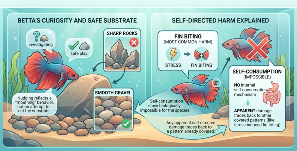 Illustration of Betta fish behavior infographic showing rock nudging smooth substrate safety and fin biting causes scaled