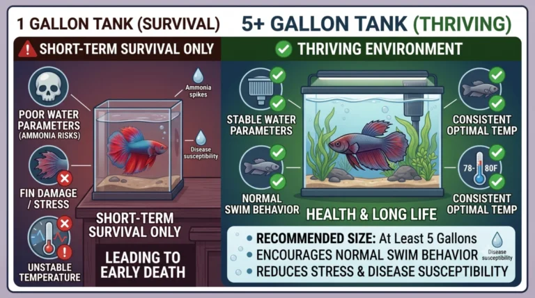 An infographic comparing a betta fish in a 1-gallon tank versus a 5-gallon tank to show the benefits of a larger environment.