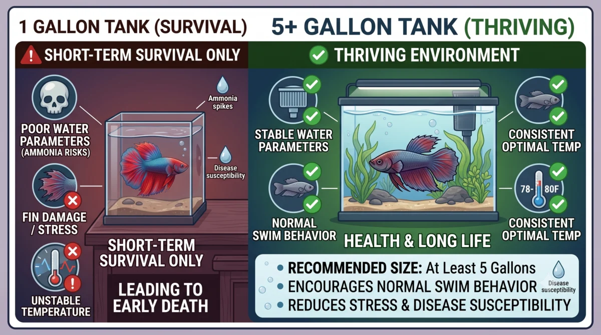 An infographic comparing a betta fish in a 1-gallon tank versus a 5-gallon tank to show the benefits of a larger environment.