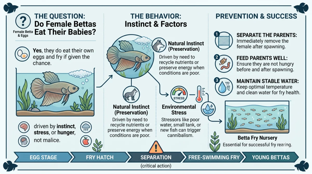 An infographic explaining why female Betta fish might eat their eggs and fry, including causes and prevention methods.