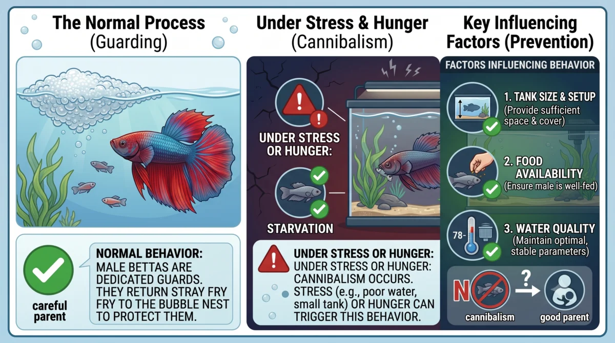 An infographic explaining that male betta fish can become cannibalistic toward their fry if they are stressed or hungry.