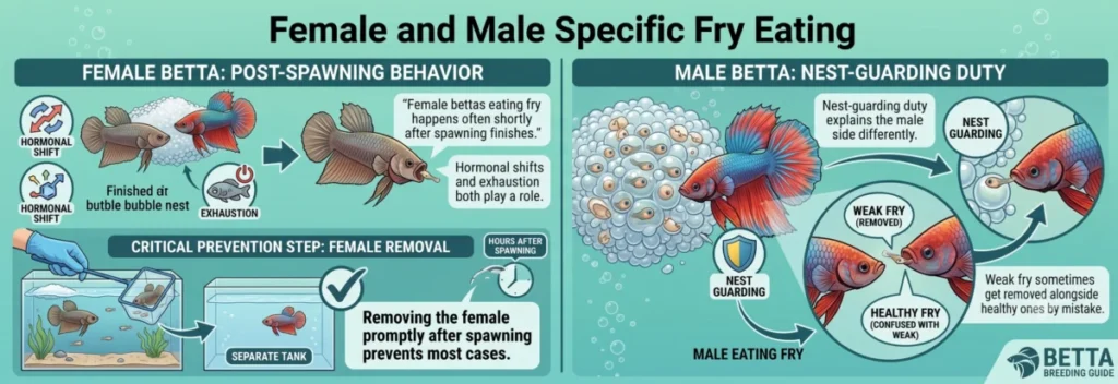 Illustration of Educational infographic explaining male and female betta fish fry eating behaviors post spawning exhaustio…
