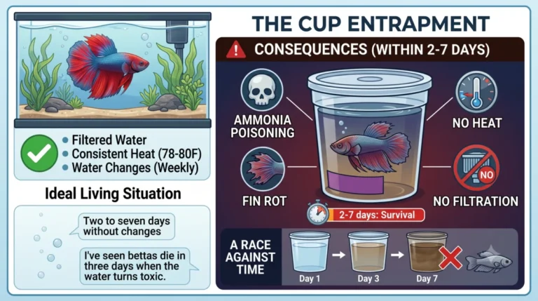 An educational infographic comparing a betta fish in an ideal aquarium versus in a small plastic cup.