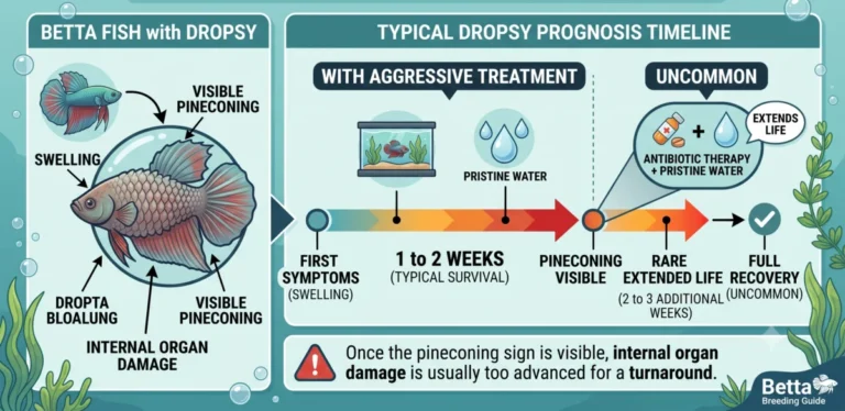 Infographic timeline showing the prognosis of a betta fish with dropsy, illustrating symptoms, survival time, and treatment.