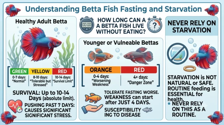 An infographic titled "Understanding Betta Fish Fasting and Starvation" featuring colorful illustrations of betta fish.