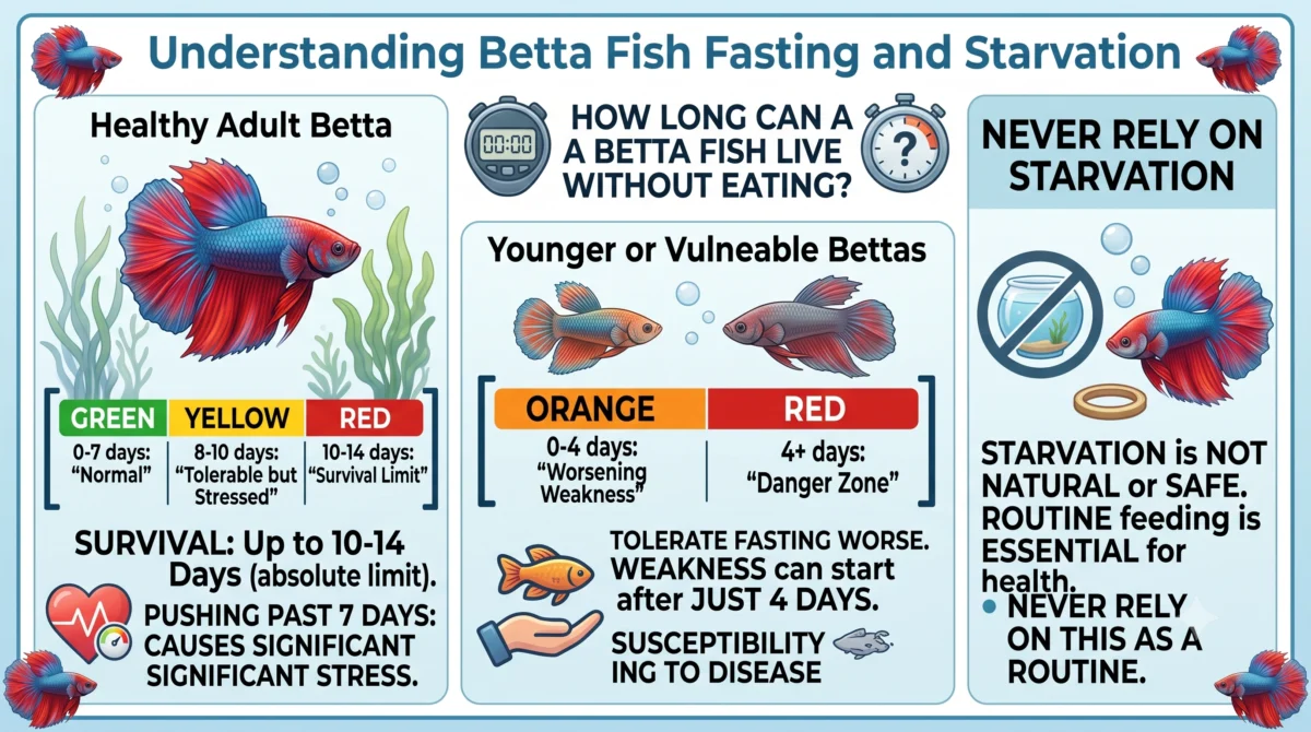 An infographic titled "Understanding Betta Fish Fasting and Starvation" featuring colorful illustrations of betta fish.