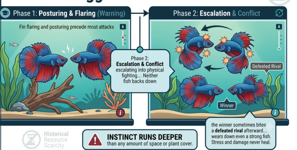 Two male betta fish showing aggression