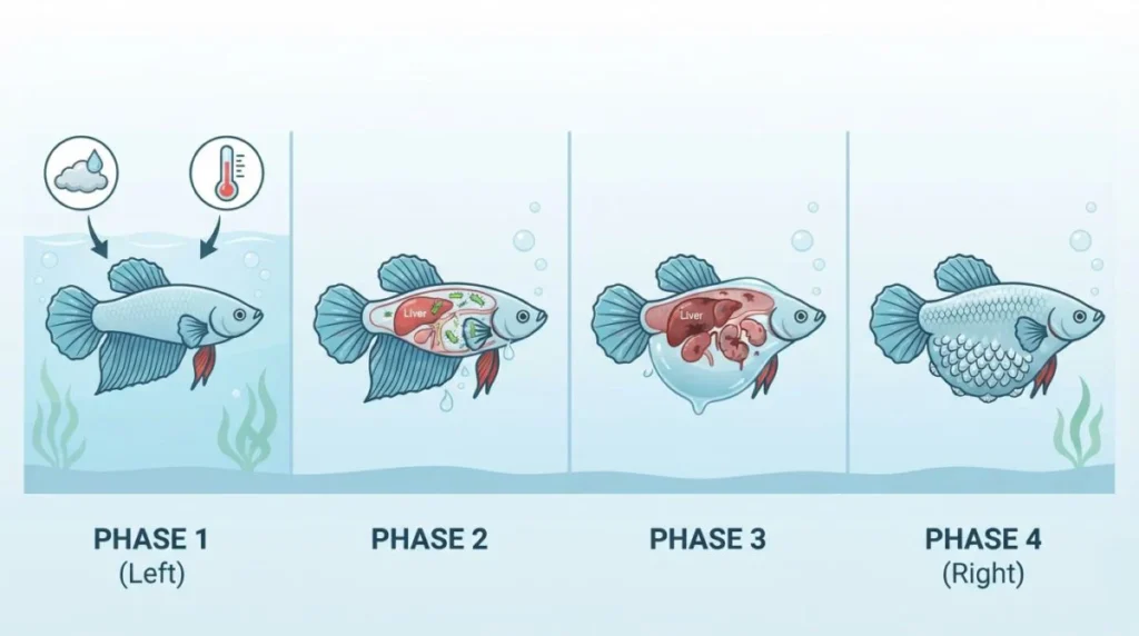 Four diagrams illustrate the four phases of fish dropsy, showing the progressive swelling of a fish's abdomen.